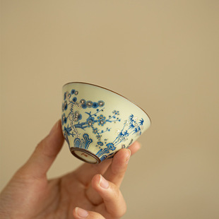 跨境景德镇青花岁寒三友茶杯陶瓷茶具主人杯品茗杯客杯家用功夫茶