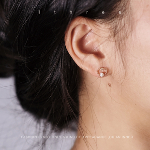 ithree 镂空小爱心耳钉女生s925纯银小众低调设计感气质耳饰礼物