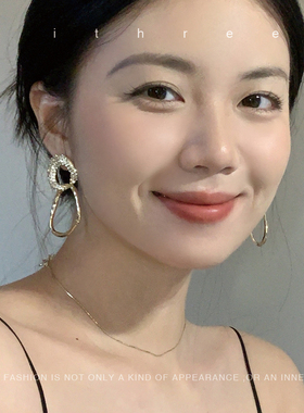 ithree满镶双圈自制重工轻奢耳环女精致欧美夸张镂空圆圈耳饰新款