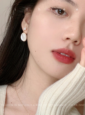 ithree/白猫眼石法式吊坠纯银耳饰清新甜美小众日韩复古送妈妈礼