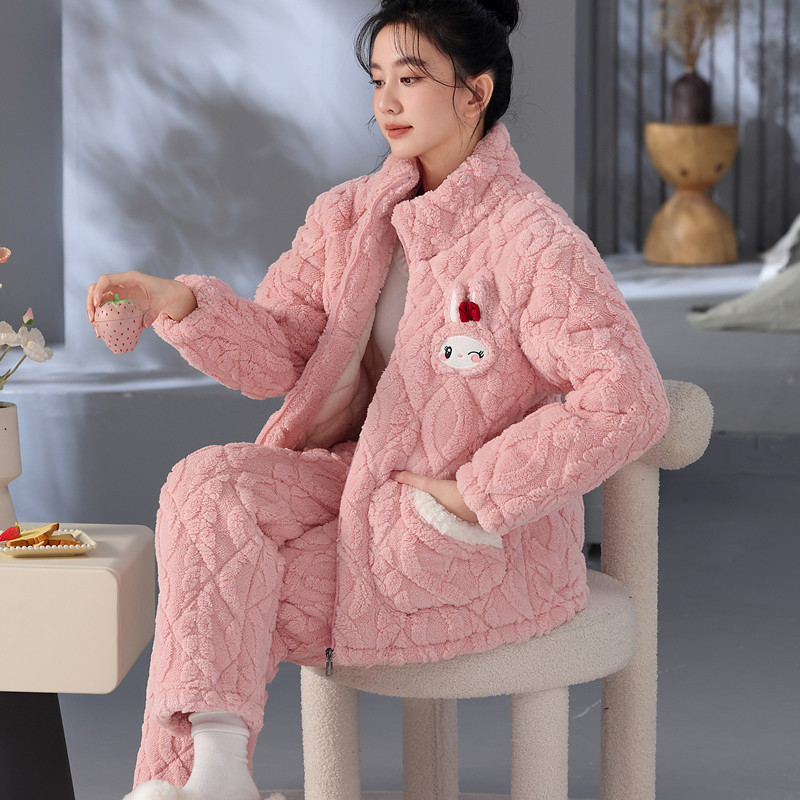 【超厚】女款夹棉睡衣冬天加厚三层保暖珊瑚绒棉袄高领家居服套装