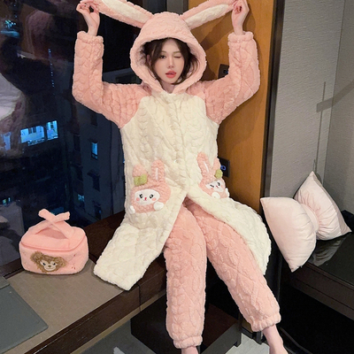 群群优品女士珊瑚绒连帽加绒加厚