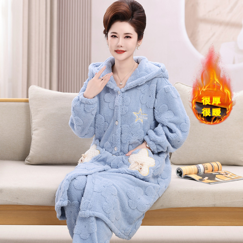 法兰绒睡衣女秋冬季加厚加绒法兰绒女士长款睡袍冬款家居服套装女