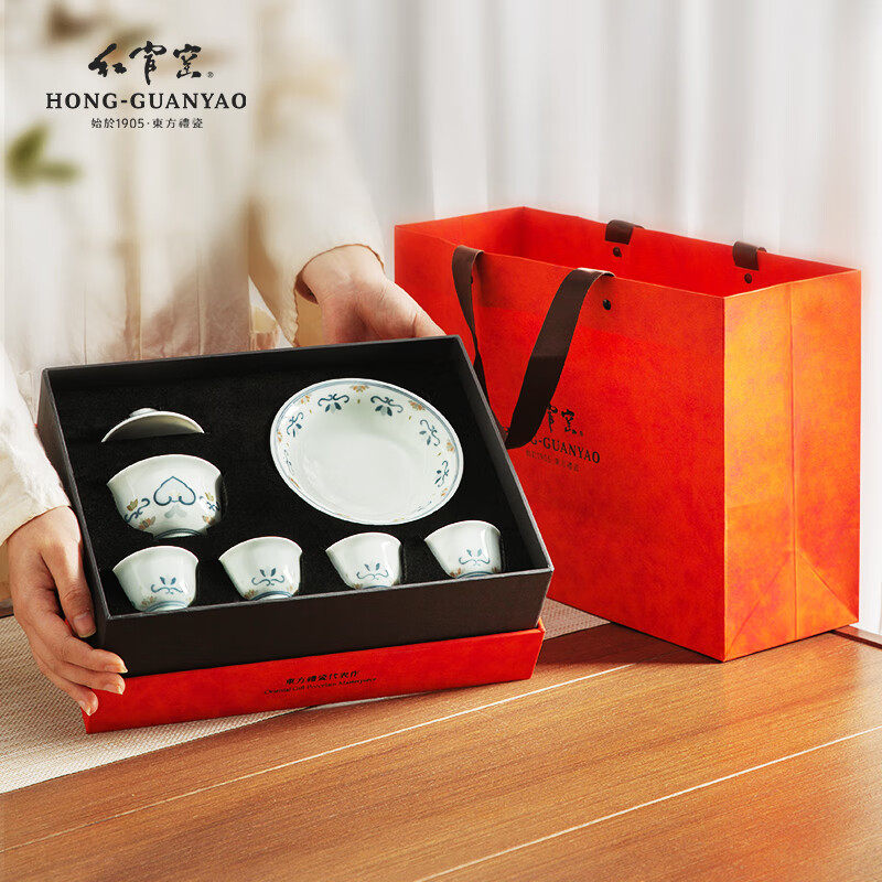 红官窑陶瓷三才盖碗茶杯醴陵釉下五彩小茶杯手绘功夫茶具蕖枝如意,餐饮具,功夫茶具,淘宝优惠券,粉丝福利购,淘宝优惠卷