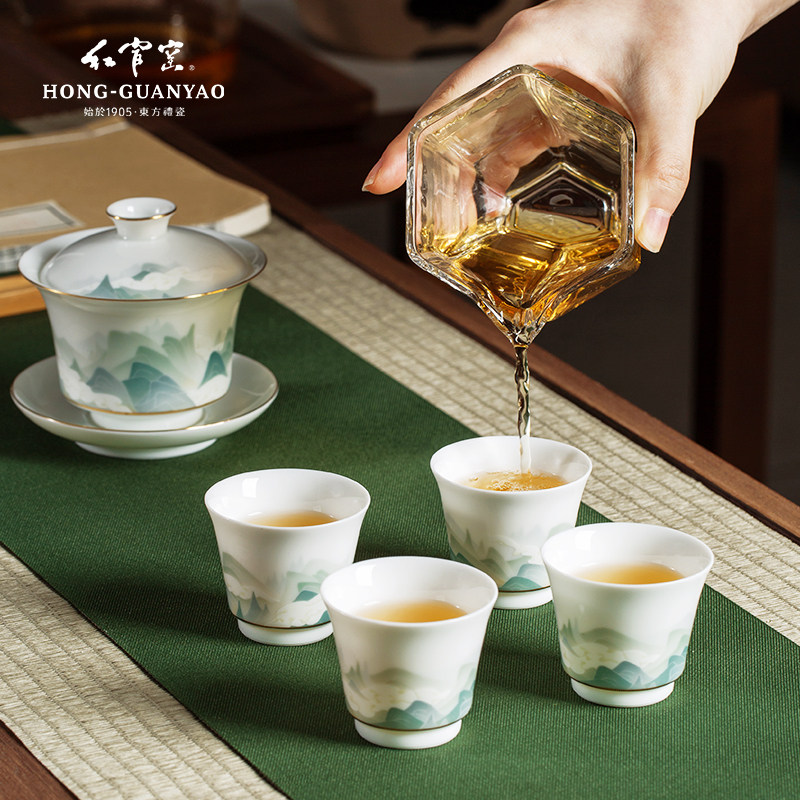 红官窑醴陵国瓷盖碗功夫茶具套装陶瓷茶杯轻奢高档送礼品千里江山
