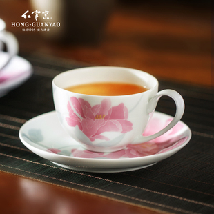 红官窑釉下彩咖啡杯碟下午茶杯子醴陵陶瓷家用茶杯碟手绘国色天香