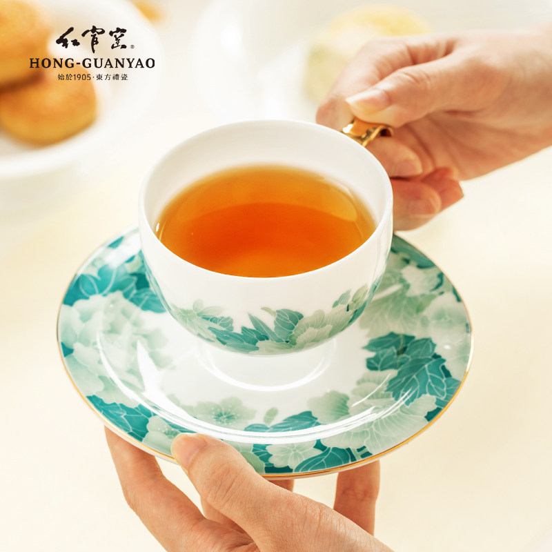 红官窑咖啡杯碟下午茶杯子醴陵陶瓷釉下彩手绘家用茶杯碟套装百花