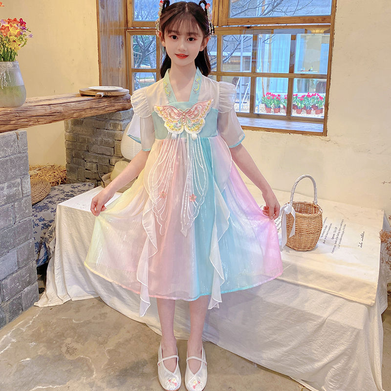 汉服女童洋气公主裙女孩夏季蝴蝶彩红雪纺连衣裙古装超仙裙儿童女