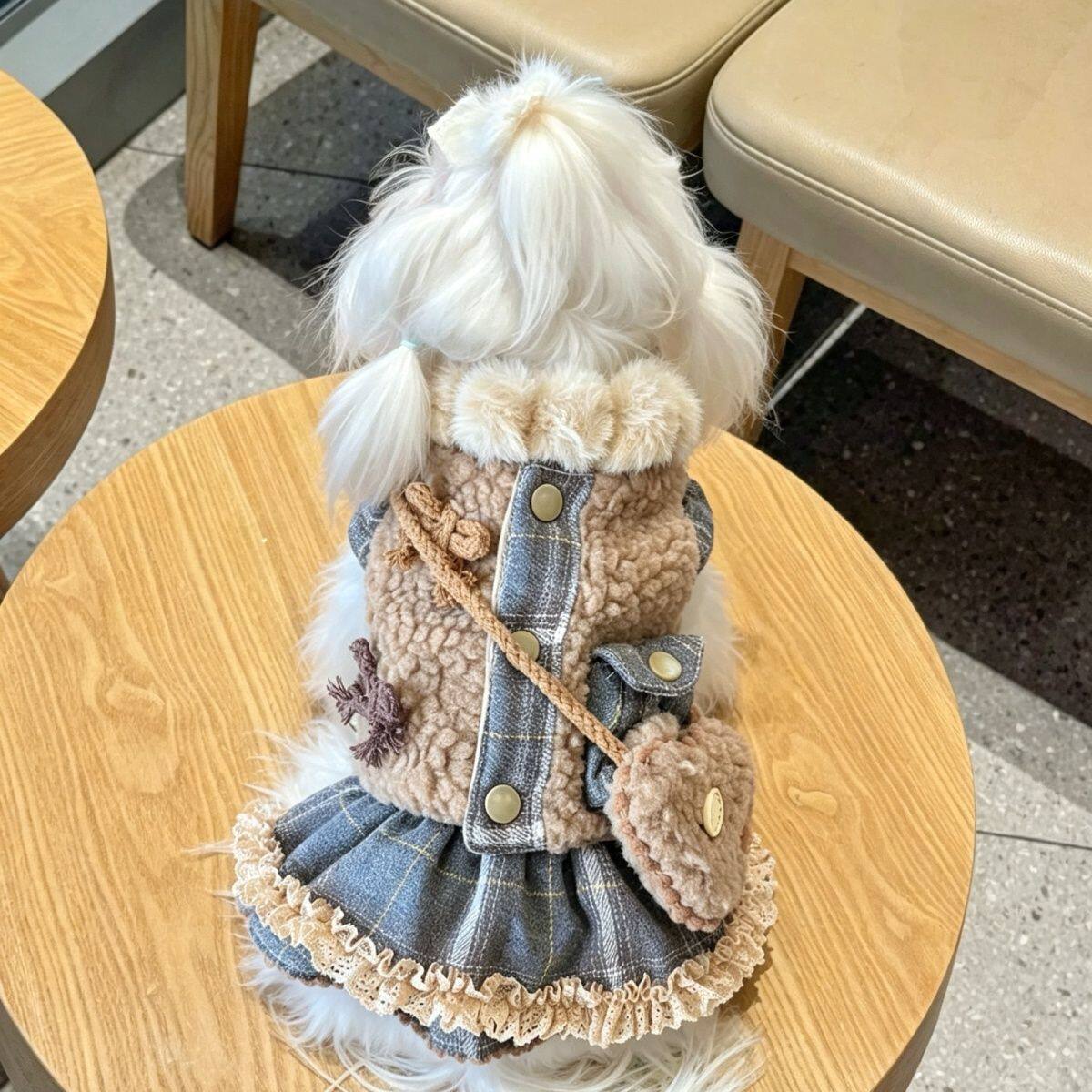 冬新款宠物衣服羊羔绒牛仔拼接格子裙蝴蝶结泰迪比熊马尔公主裙
