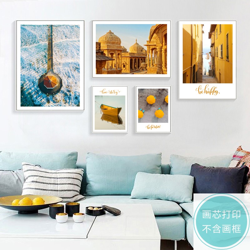 北欧现代轻奢创意英文风景黄色建筑组合照片画墙客厅书房装饰画芯图片