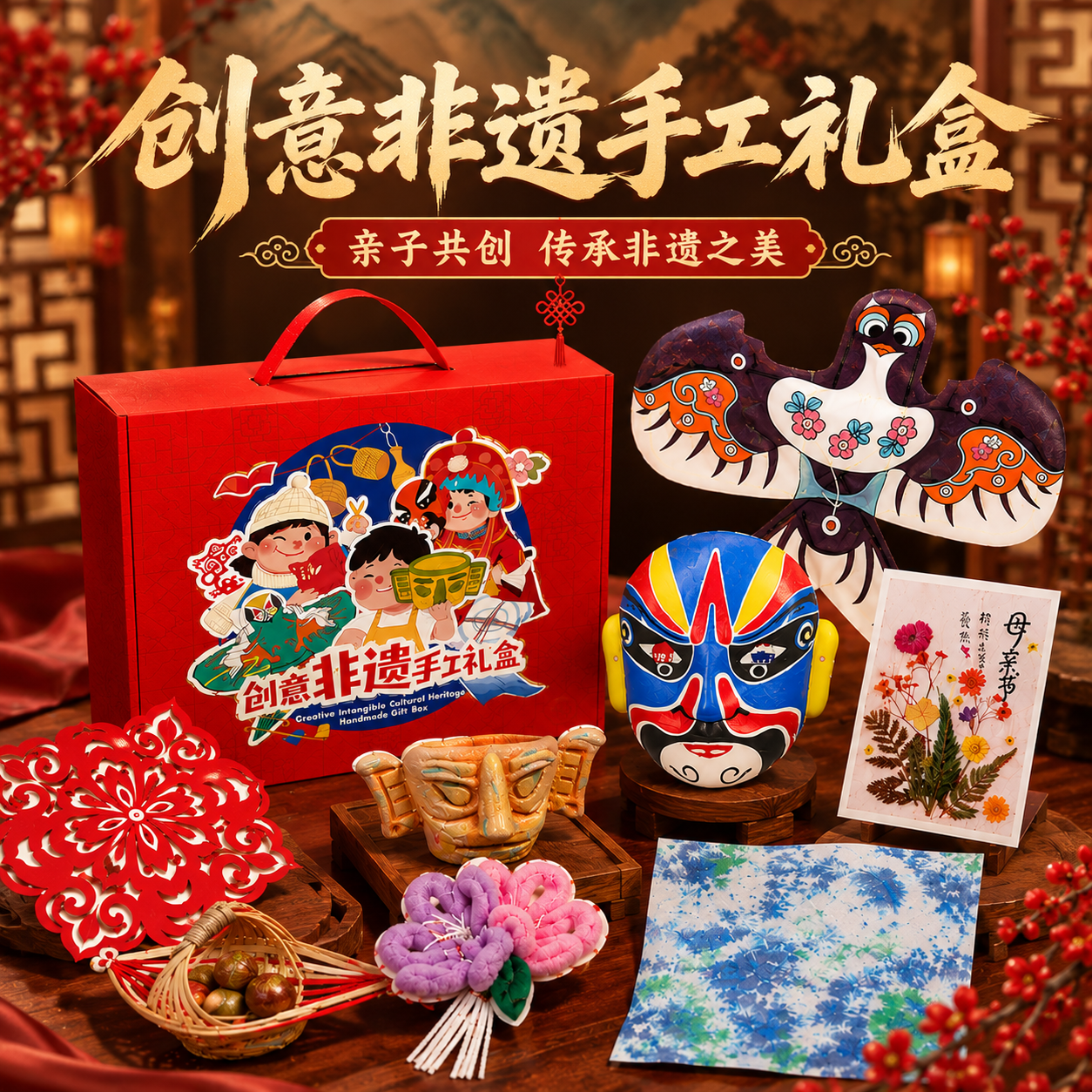 传统非遗手工礼盒DIY脸谱扎染纸鸢绒花剪纸材料包儿童生日礼物女