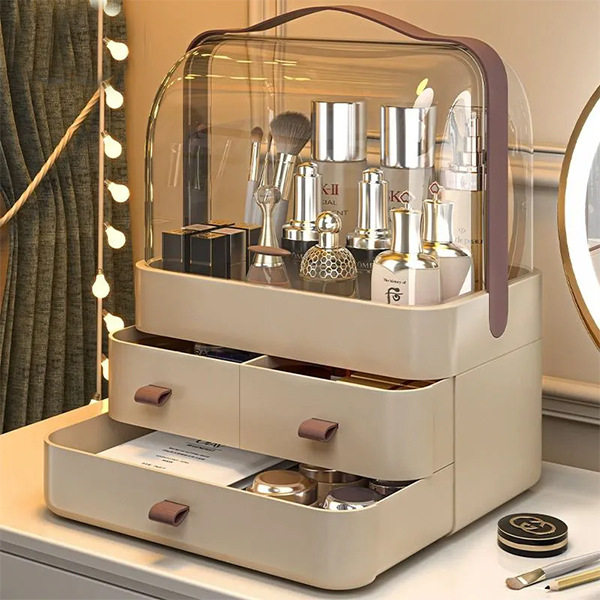 现货化妆品收纳盒桌面防尘带盖带抽屉护肤品面膜收纳筐女生宿舍