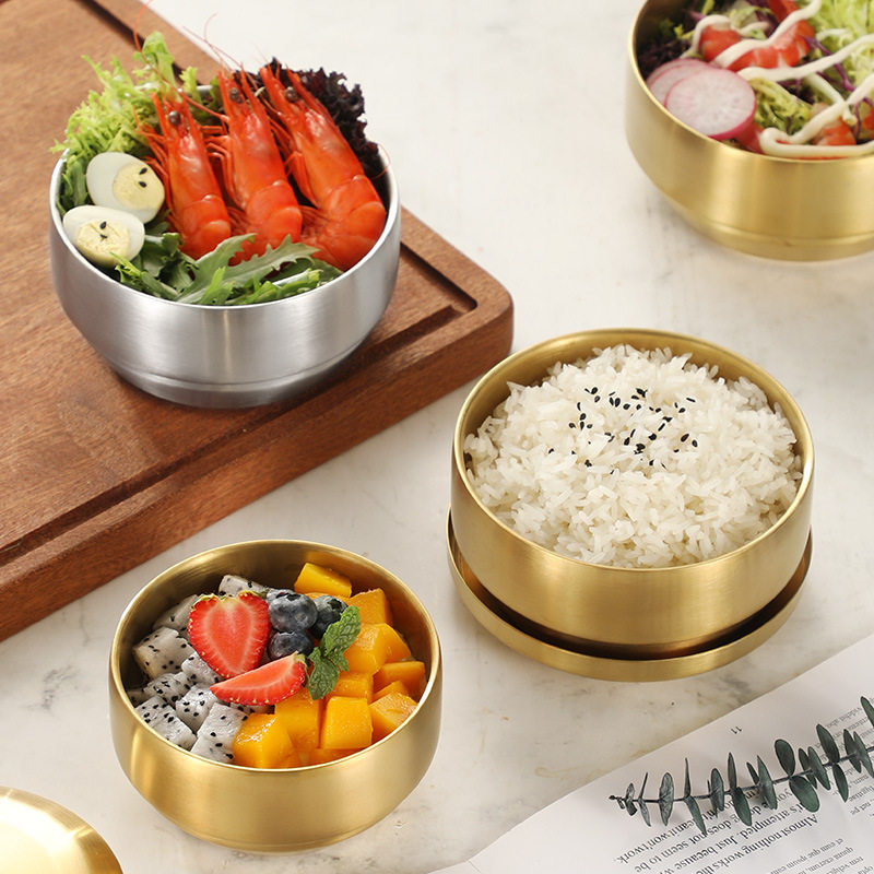 304不锈钢双层韩式米饭碗金色带盖碗家用儿童汤碗韩式料理泡