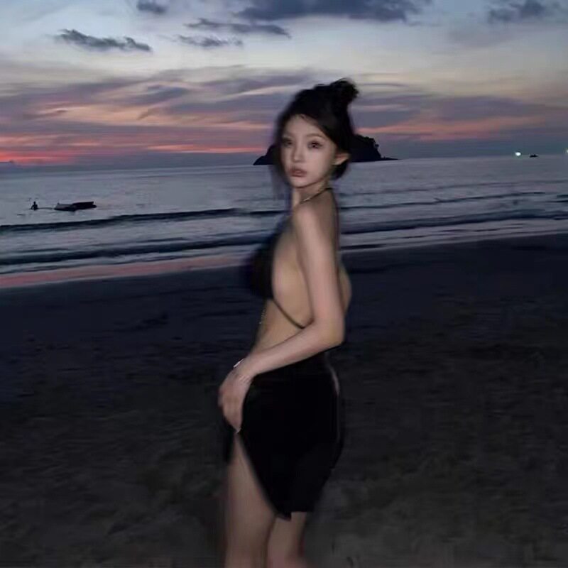 黑色链条泳衣女比基尼三件套分体美背泳装泡温泉沙滩度假挂脖性感
