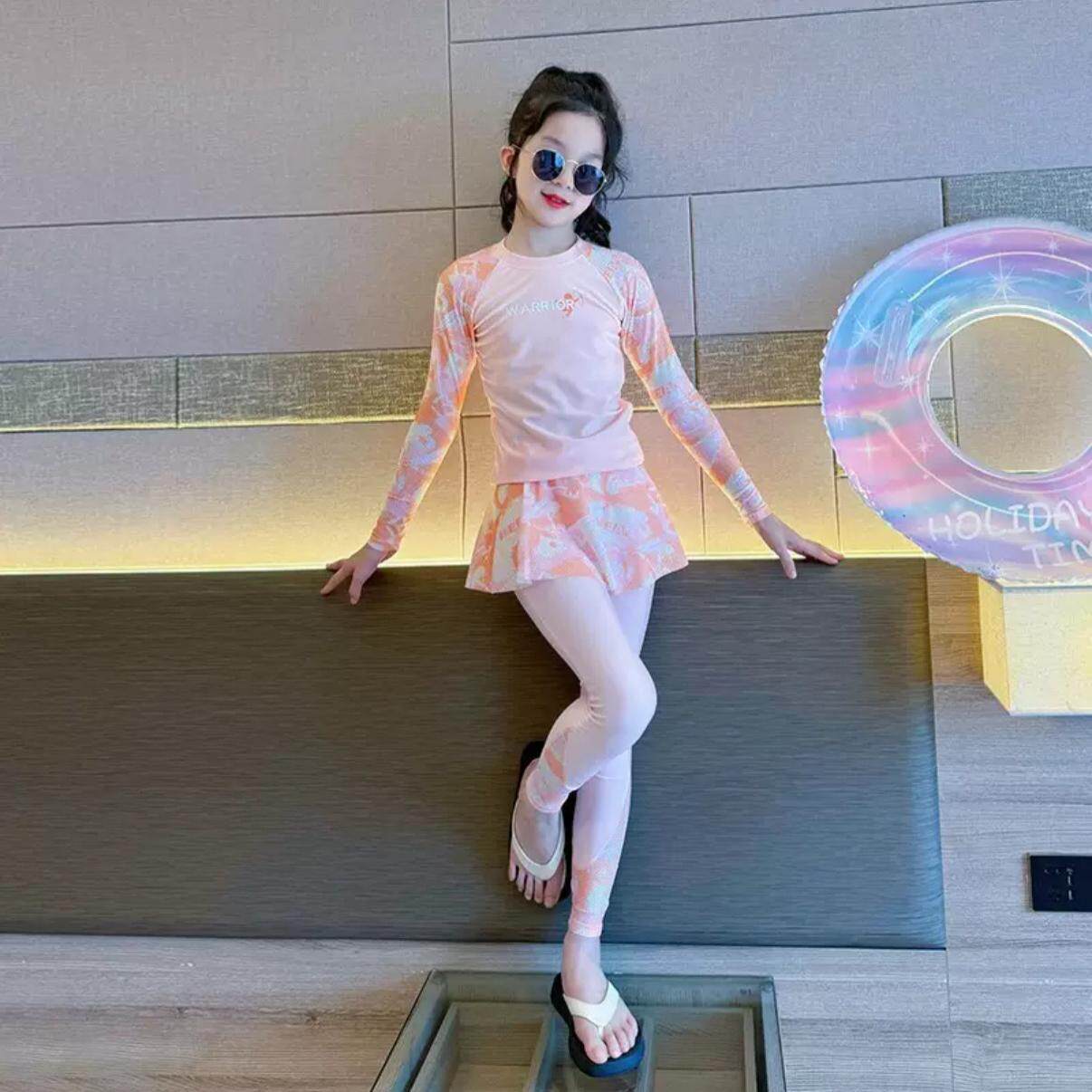 女童泳衣2026新款分体长袖长裤裙式防晒竞速套装甜美女孩泳衣图片