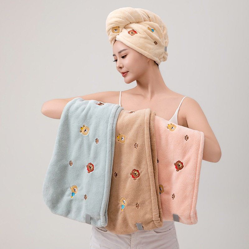 可爱刺绣卡通浴帽加厚加大柔软包头巾珊瑚绒女式吸水干发帽