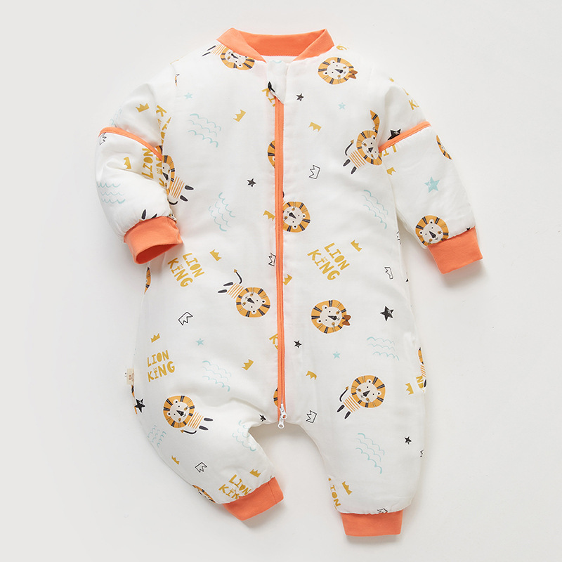 儿童睡袋秋冬防踢被宝宝连体衣纱布睡袋冬季夹棉200g加厚分腿婴儿