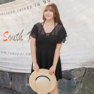 纯色显瘦保守泡温泉泳装 泳衣女大码 160斤性感连体钢托聚拢裙式