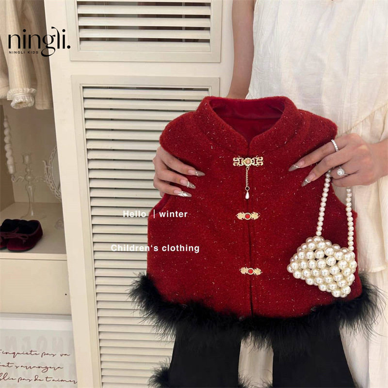 柠里女童拜年服冬装新款周岁礼服裙子新中式红色马甲儿童过年衣服