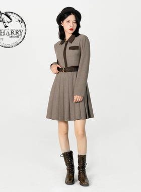 D-HARRY/迪哈利复古咖色细格连衣裙束腰裙子中长款DH231J95866D