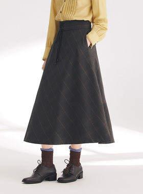 D-HARRY/迪哈利2024春新款卡其黄色细格纹A字半身裙DH241M96976D