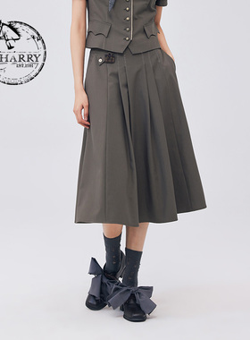 D-HARRY/迪哈利2023秋季新款复古优雅通勤军绿色褶裙DH233M96297D