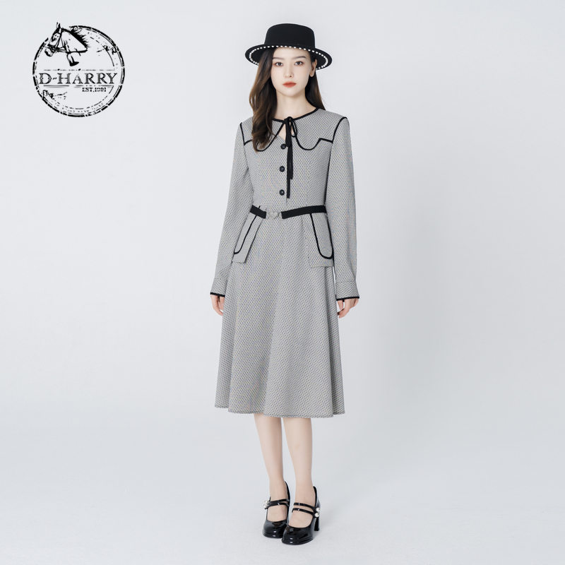 D-HARRY/迪哈利格子连衣裙长袖秋装新款复古显瘦DH223J95352D