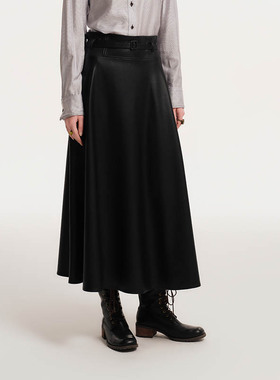 D-HARRY/迪哈利秋季新款优雅百搭黑色水洗皮长裙DH243P97659D