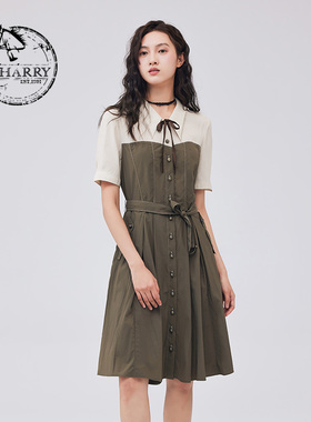 D-HARRY/迪哈利2023秋新款复古收腰绿咖色拼接连衣裙DH233J96295D
