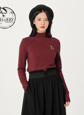 D-HARRY/迪哈利深红T恤长袖半高领上衣百搭基础款DH231B95852D