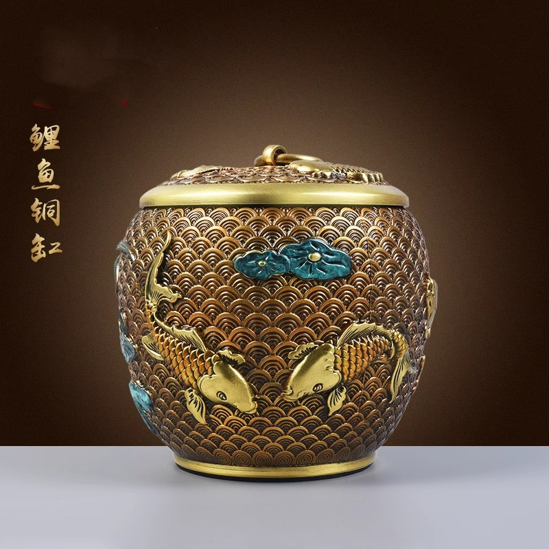 纯铜茶叶罐密封罐茶缸大号黄铜罐小茶叶罐便携家用鲤鱼铜缸茶叶罐