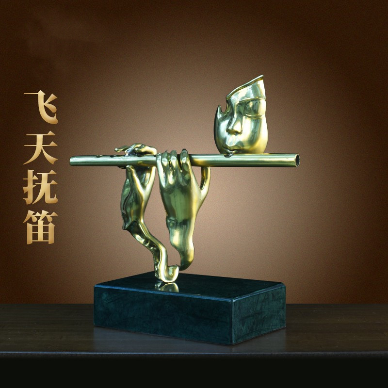 纯铜飞天抚笛摆件中式装饰品