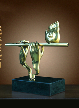 纯铜飞天抚笛摆件中式装饰品