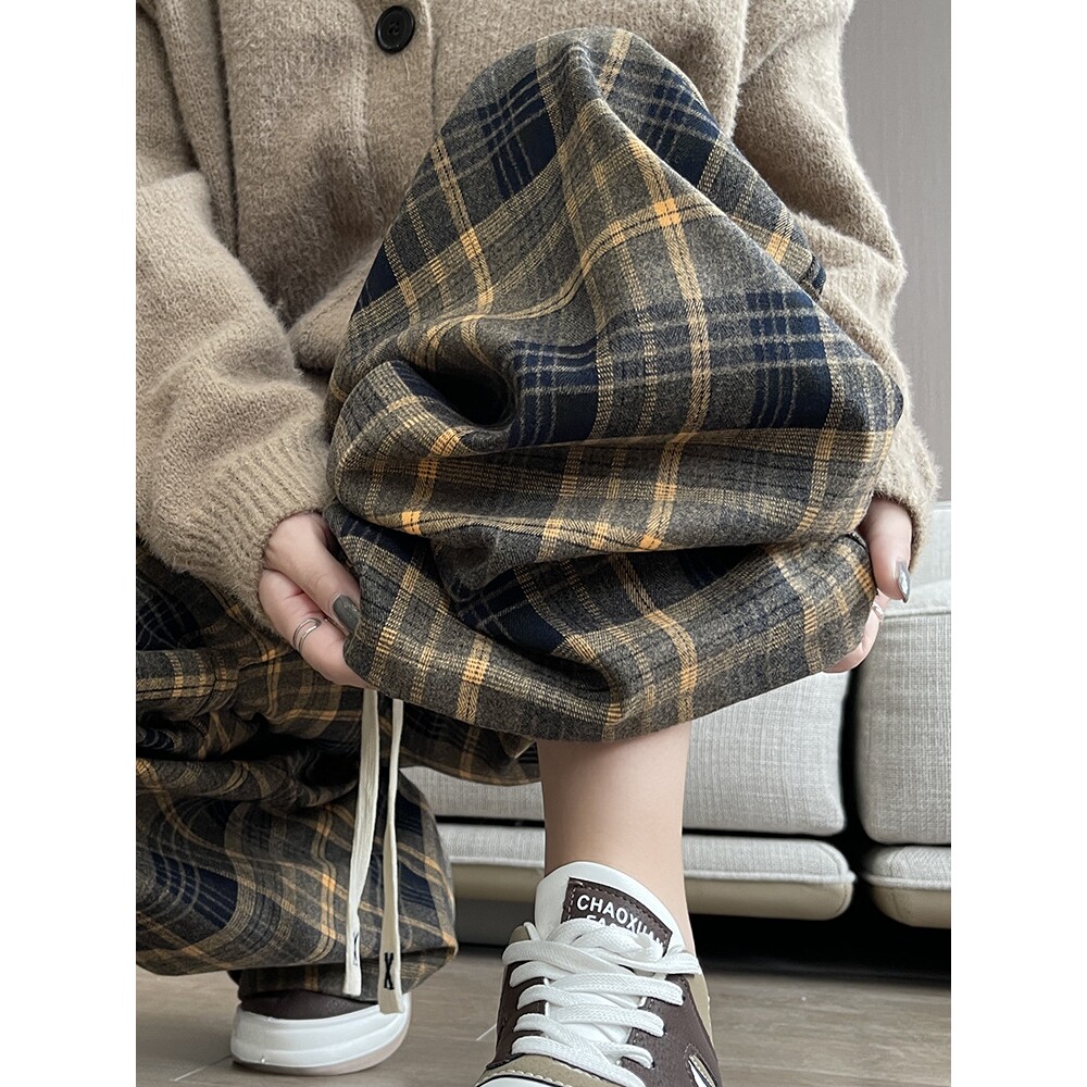 黄色格子裤子女春秋季2026新款高腰垂感宽松慵懒风复古直筒阔腿裤