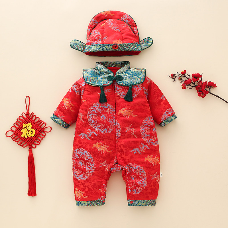 新生婴儿连体衣拜年服中国风加棉加厚抓周服外出爬服新品缎料婴儿