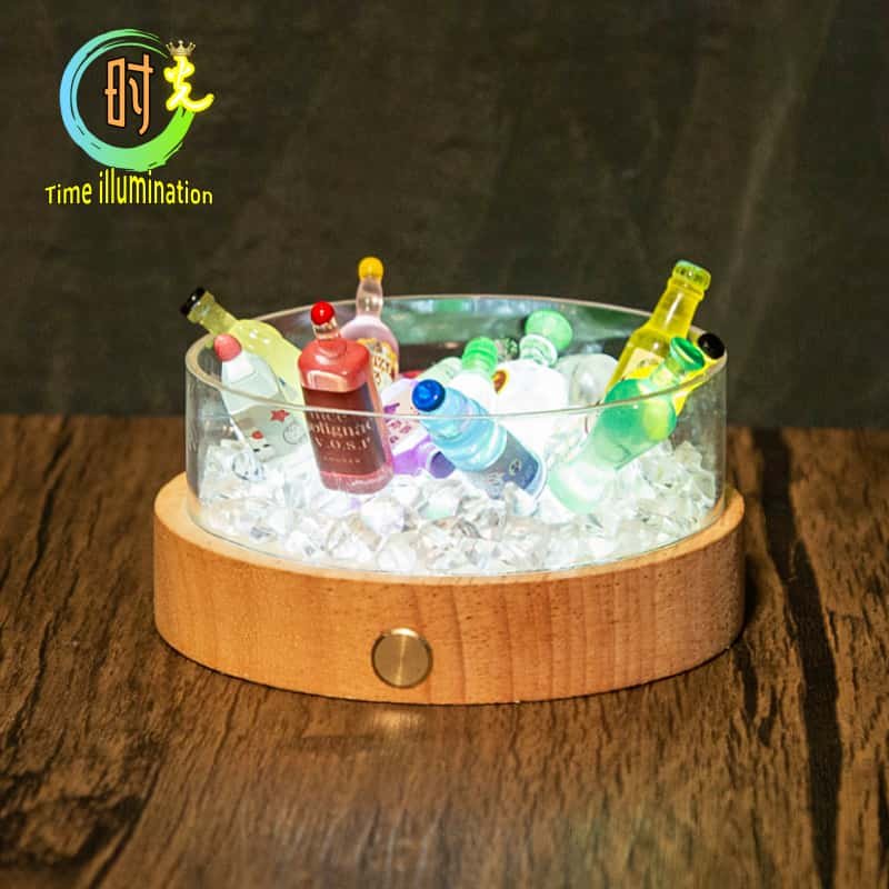 创意DIY手办圆形实木亚克力LED发光灯座USB插 充电七彩氛围小夜灯