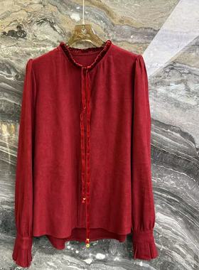 曼曼家2025冬新款时尚木耳边系带百搭纯色天丝羊毛洋气衬衫88308