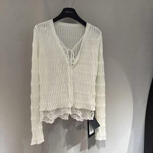 欧洲站2026春新款 辣妹显瘦上衣2016 欧货V领蕾丝拼接系带百褶修身