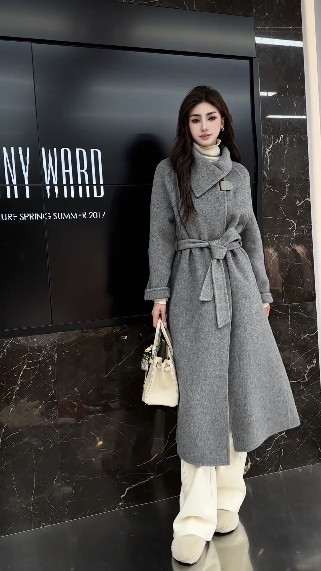 欧洲站2025冬季新款时尚翻领系带收腰显瘦百搭双面绒长大衣外套