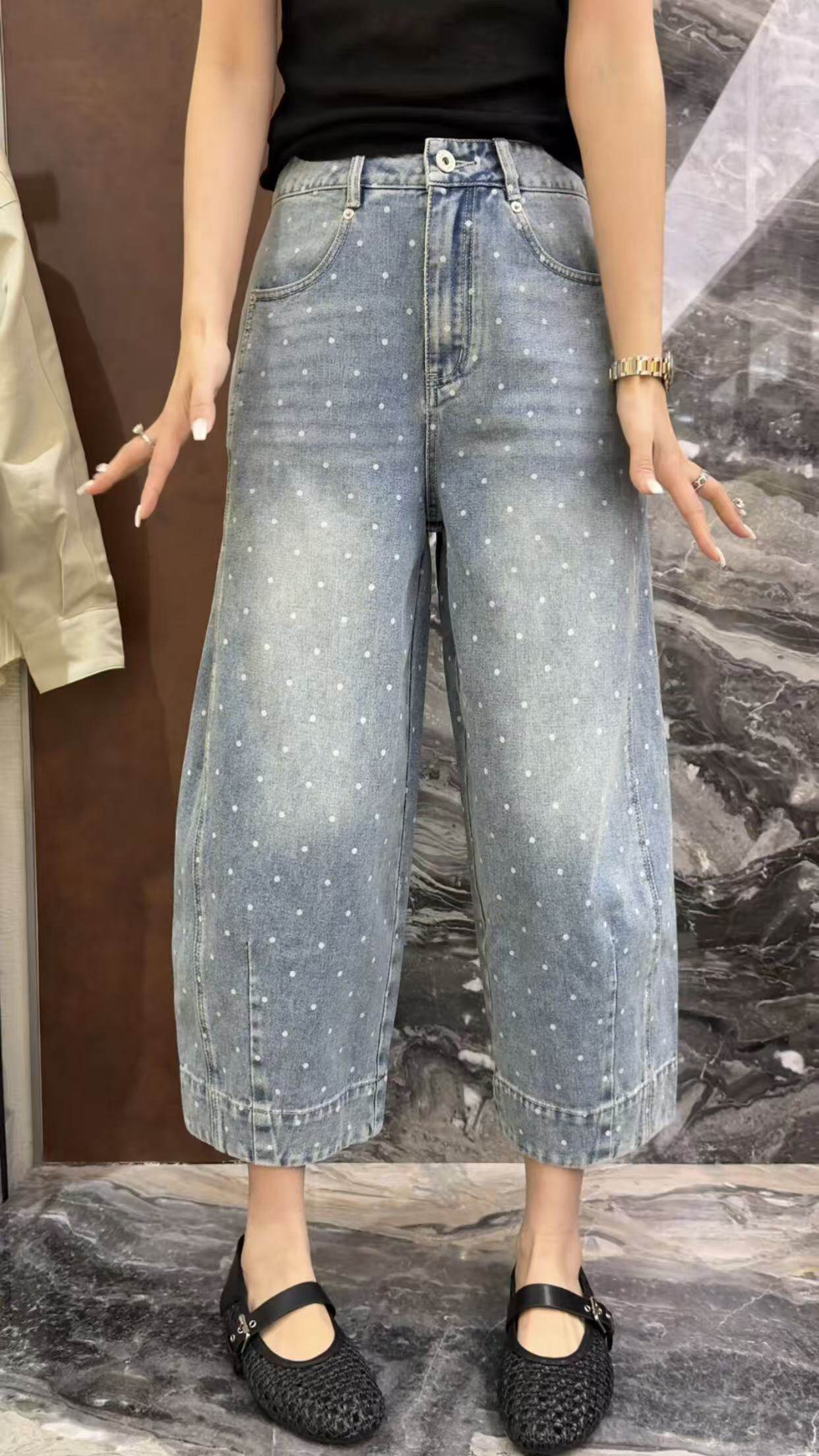 曼曼家2026新款美式辣妹星空波点高腰窄版减龄牛仔弯刀阔腿八分裤