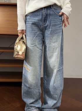 欧洲站2025冬新款时尚高腰显瘦百搭宽松直筒阔腿牛仔裤女03518