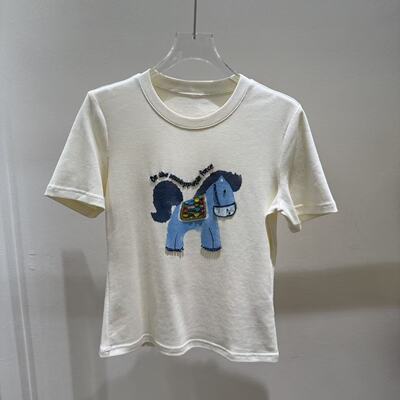 欧洲站2026新款时尚卡通小马图案休闲百搭肌理感洋气短袖T恤9336