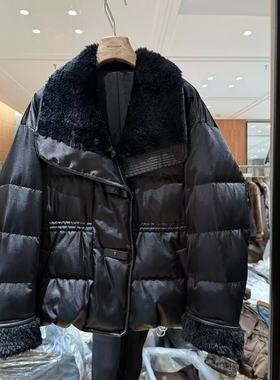 欧洲站2025冬新时髦翻领拼接拉贡皮毛一体皮卡扣洋气羽绒服7309
