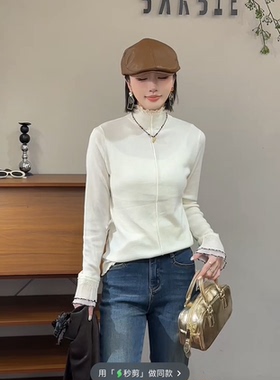 欧洲站2025冬新款时尚半高领花边拼接修身显瘦打底衫女上衣69739