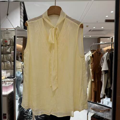 欧洲站2026夏新款欧货V领蕾丝花边系带百搭无袖人丝气质衬衫5818A