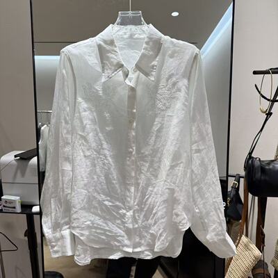 欧洲站2026夏新款欧货翻领重工刺绣不规则苎麻百搭长袖衬衫86C019