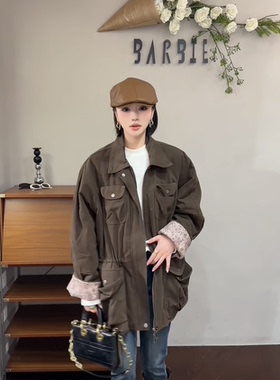 欧洲站2025冬时尚立领拉链工装休闲牛仔抽绳收腰羽绒服外套35105