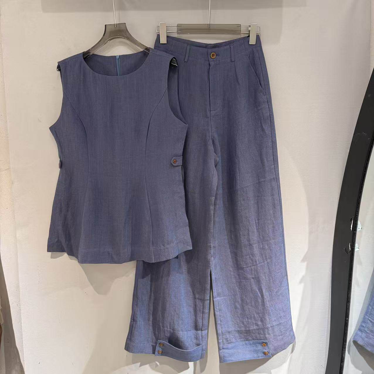 欧洲站2026夏新款简约通勤圆领无袖上衣+点缀裤脚阔腿裤套装26538