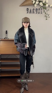 欧洲站2025冬新款时尚皮毛一体翻领拼牛仔保暖羽绒服外套女89018
