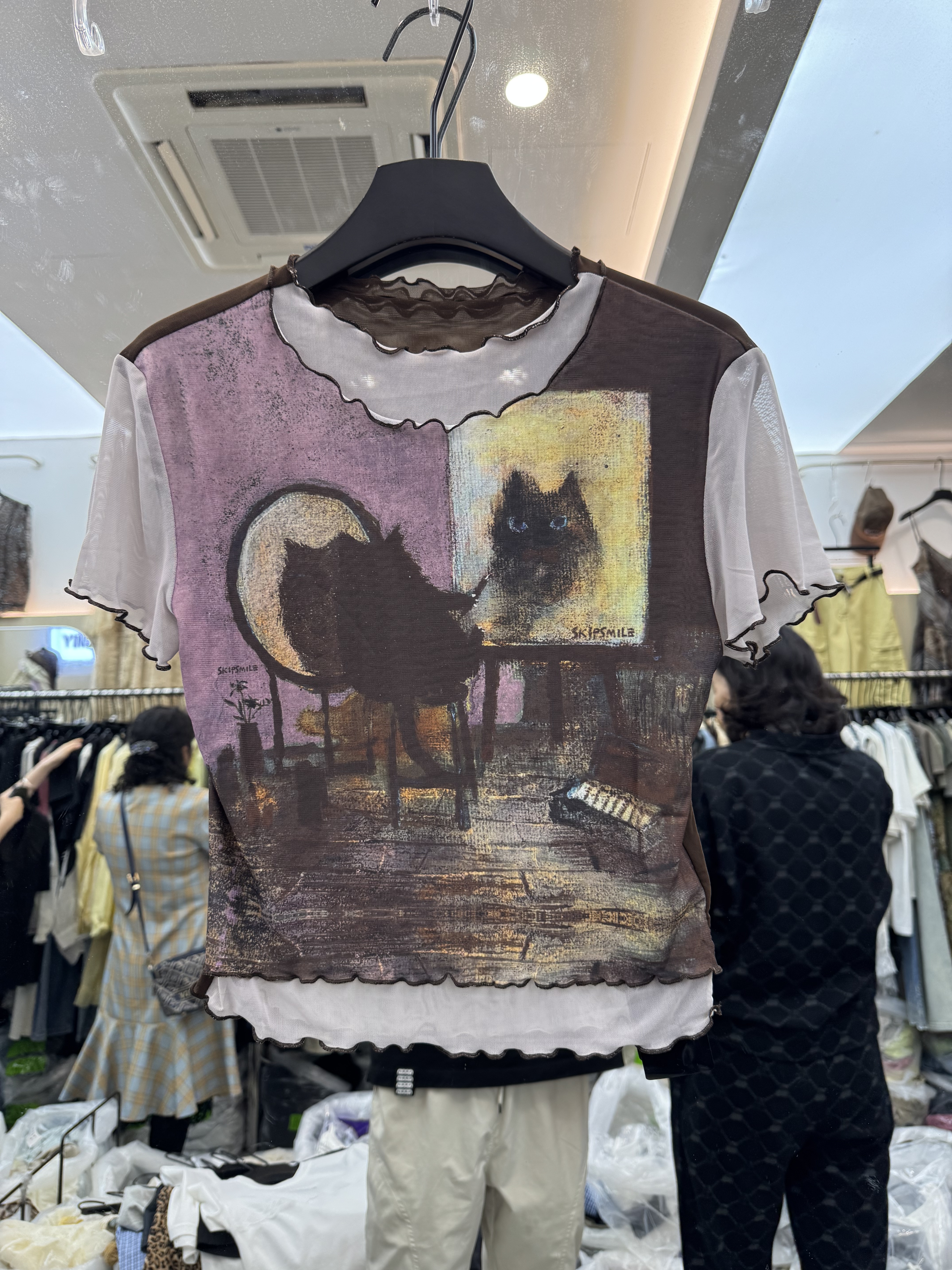 欧洲站2026夏新款欧货圆领拼接网纱透视假两件短袖上衣女潮7236